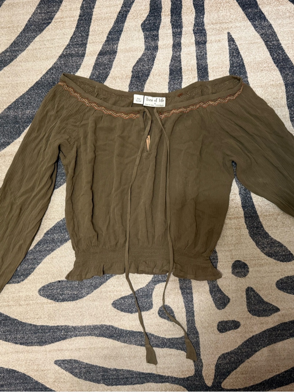 Women’s Olive Green Peasant Blouse with Cinch Waist